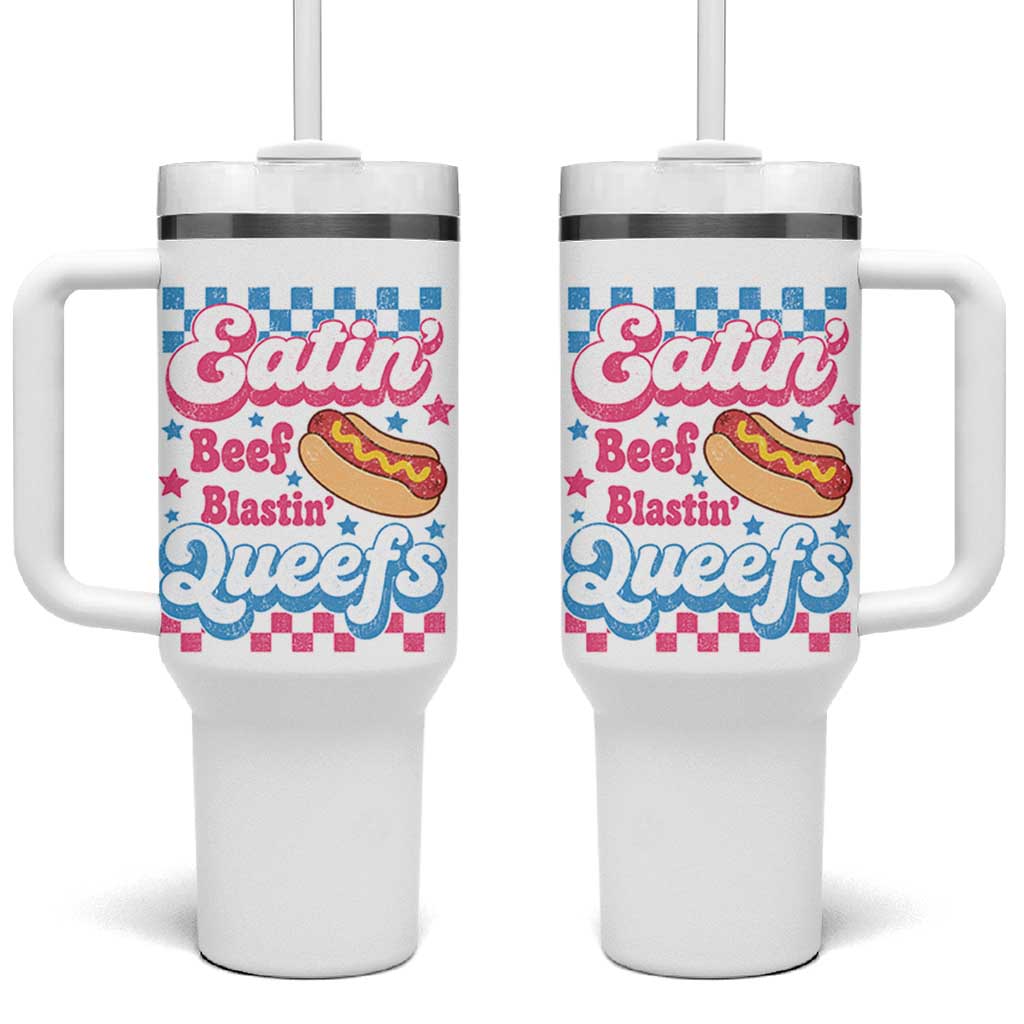 Hotdog Eatin Beef Blastin Queefs Inappropriate Tumbler With Handle Retro Groovy Hotdog Meme Funny Cringe Offensive Humor