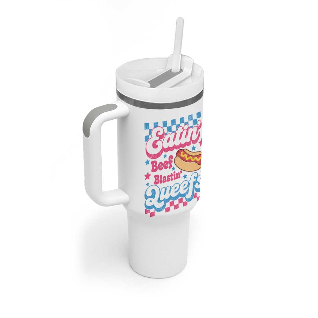 Hotdog Eatin Beef Blastin Queefs Inappropriate Tumbler With Handle Retro Groovy Hotdog Meme Funny Cringe Offensive Humor