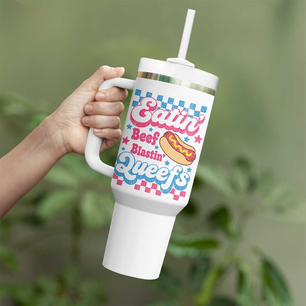 Hotdog Eatin Beef Blastin Queefs Inappropriate Tumbler With Handle Retro Groovy Hotdog Meme Funny Cringe Offensive Humor