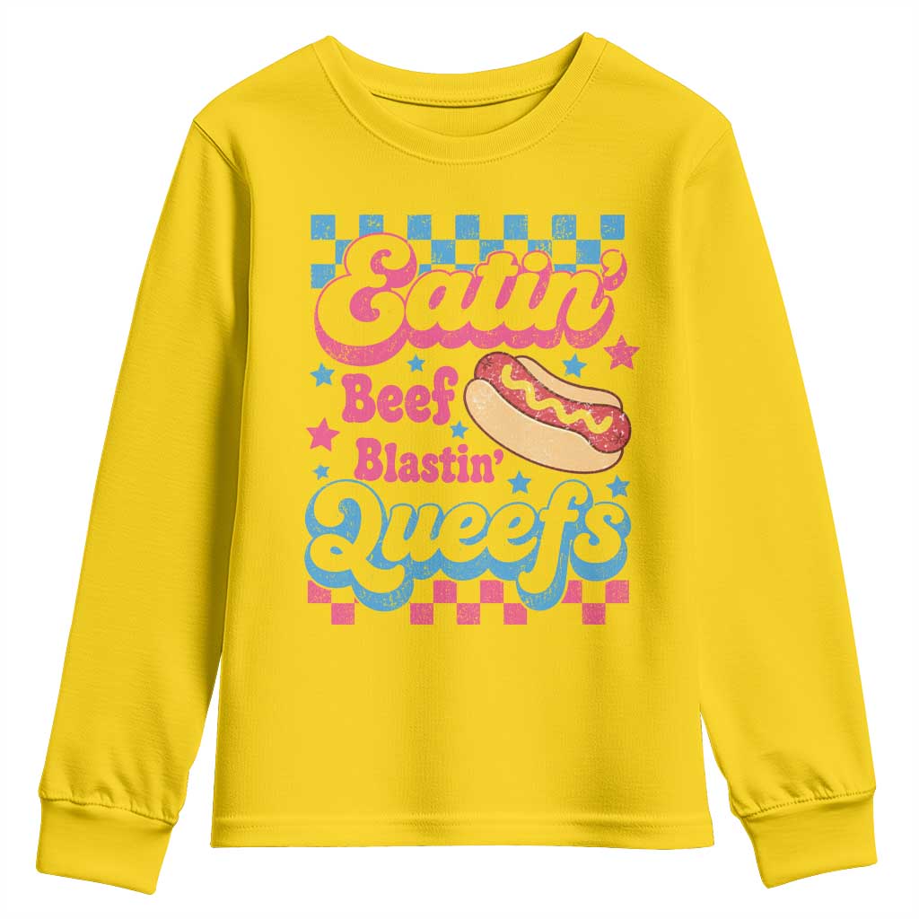 Hotdog Eatin Beef Blastin Queefs Inappropriate Youth Sweatshirt Retro Groovy Hotdog Meme Funny Cringe Offensive Humor