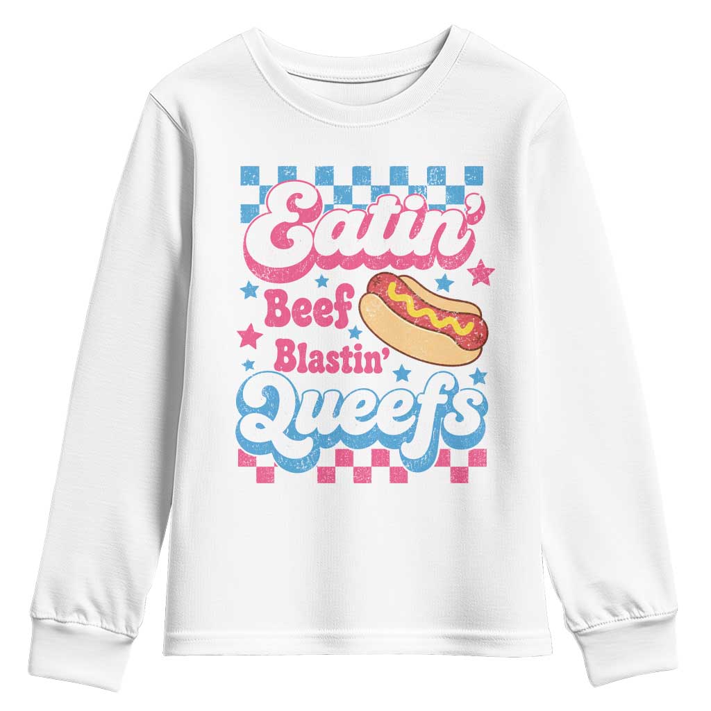 Hotdog Eatin Beef Blastin Queefs Inappropriate Youth Sweatshirt Retro Groovy Hotdog Meme Funny Cringe Offensive Humor