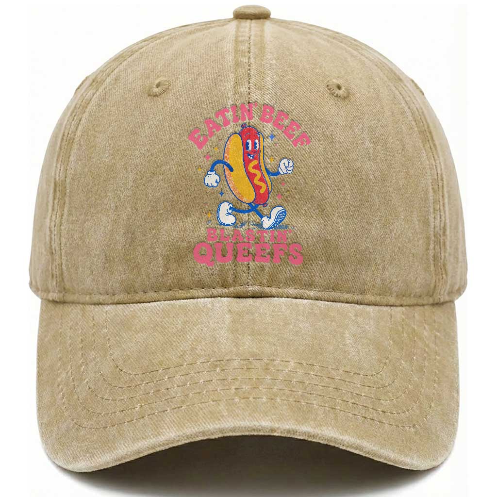 Hotdog Eatin Beef Blastin Queefs Inappropriate Washed Cotton Baseball Cap Funny Cringe Offensive Humor