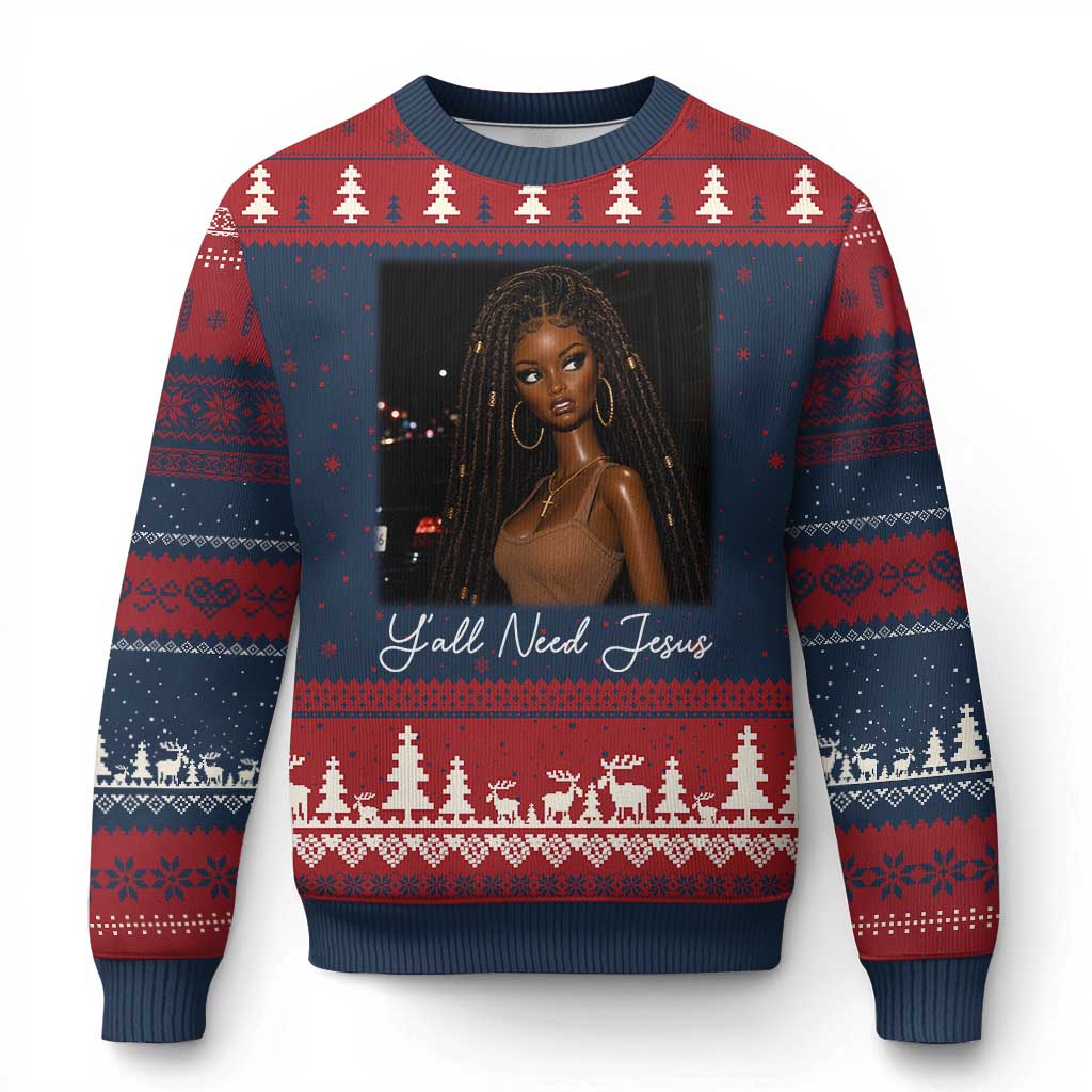 Need-Jesus Sarcastic Afro Doll Meme Funny Saying Christian Ugly Christmas Sweater Black Girl African Pride