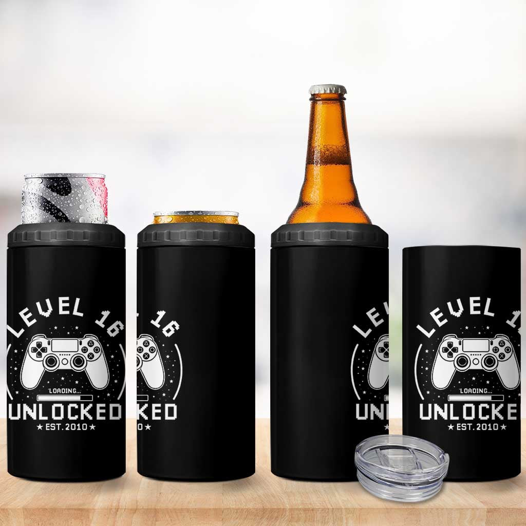 Level 16 Unlocked Video Gamer 16th Birthday Gift 4 in 1 Can Cooler Tumbler Vintage 2010 16 Year Old Gift