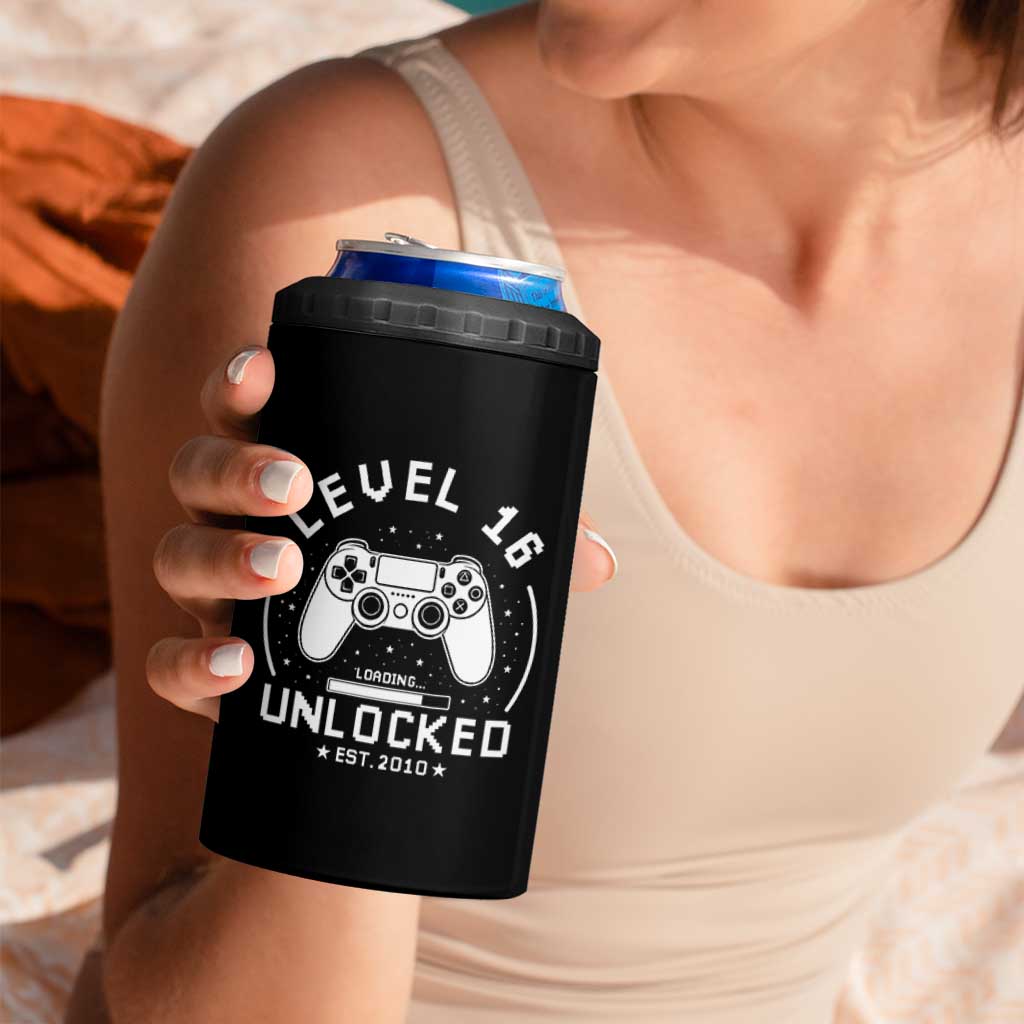 Level 16 Unlocked Video Gamer 16th Birthday Gift 4 in 1 Can Cooler Tumbler Vintage 2010 16 Year Old Gift