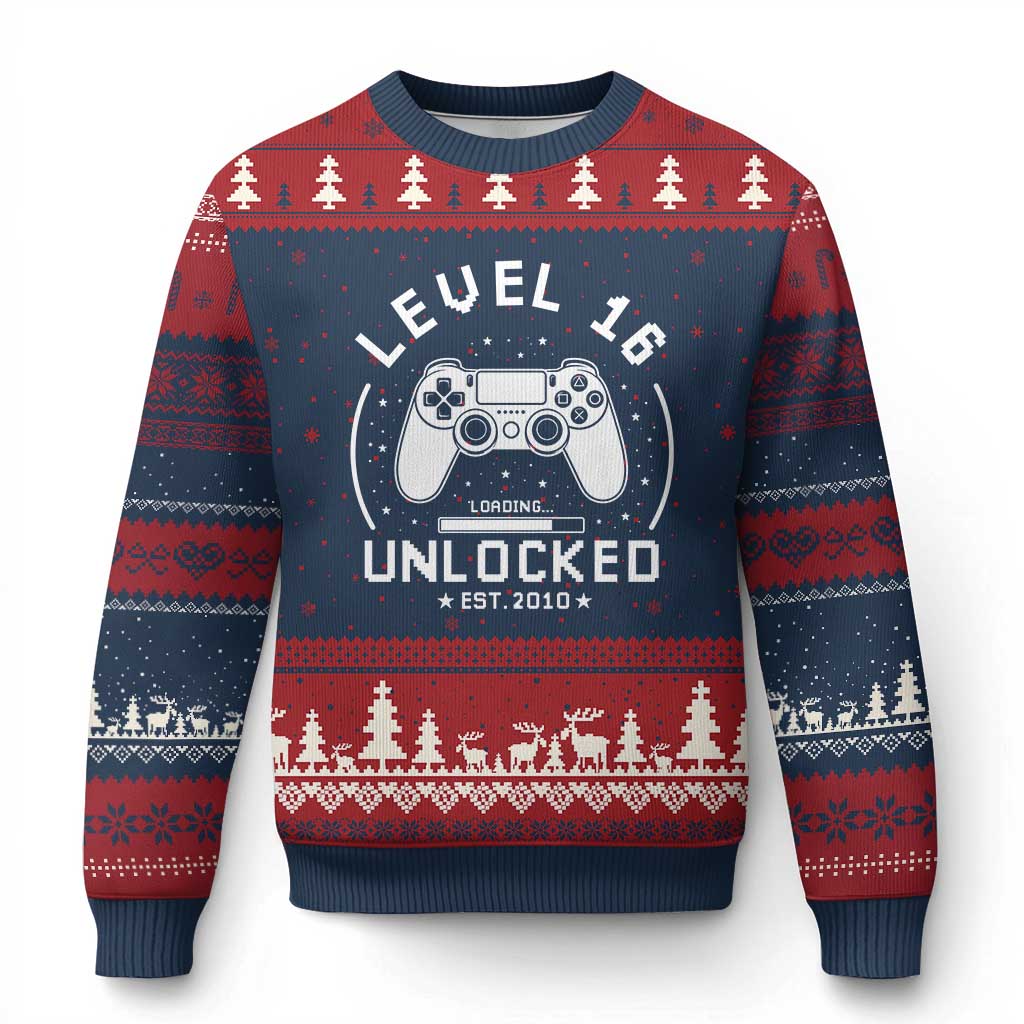 Level 16 Unlocked Video Gamer 16th Birthday Gift Ugly Christmas Sweater Vintage 2010 16 Year Old Gift