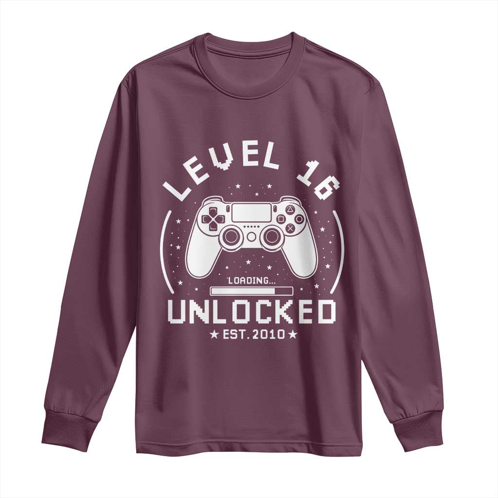 Level 16 Unlocked Video Gamer 16th Birthday Gift Long Sleeve Shirt Vintage 2010 16 Year Old Gift