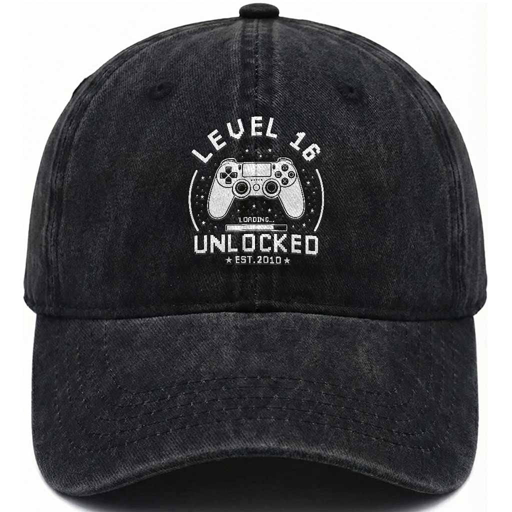 Level 16 Unlocked Video Gamer 16th Birthday Gift Washed Cotton Baseball Cap Vintage 2010 16 Year Old Gift