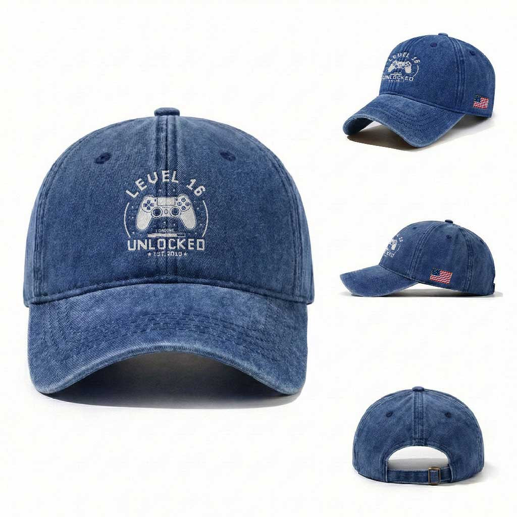 Level 16 Unlocked Video Gamer 16th Birthday Gift Washed Cotton Baseball Cap Vintage 2010 16 Year Old Gift