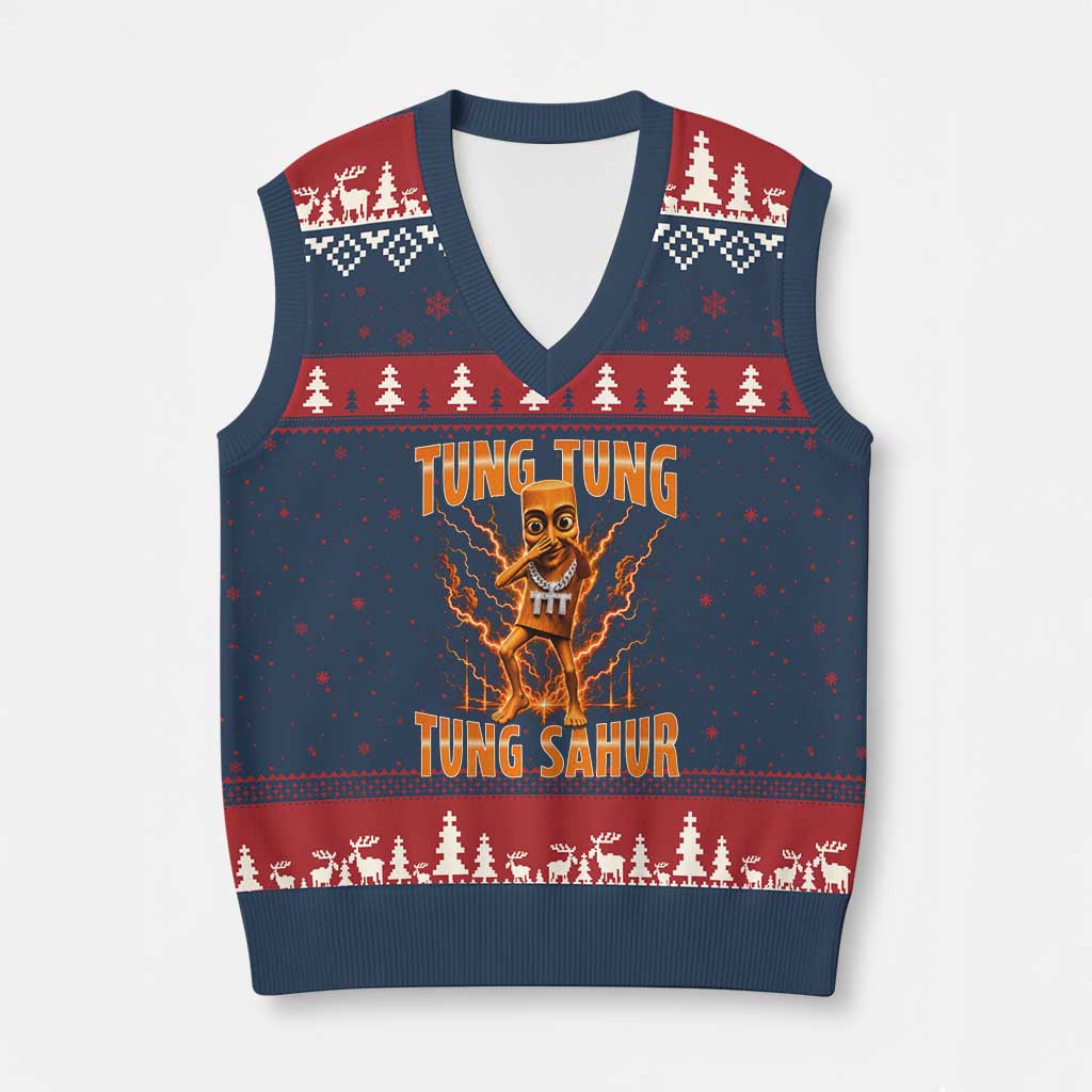 Tung Tung Tung Sahur is Calling Scuba Dance Meme V-Neck Knit Sweater Vest Italian Brainrot