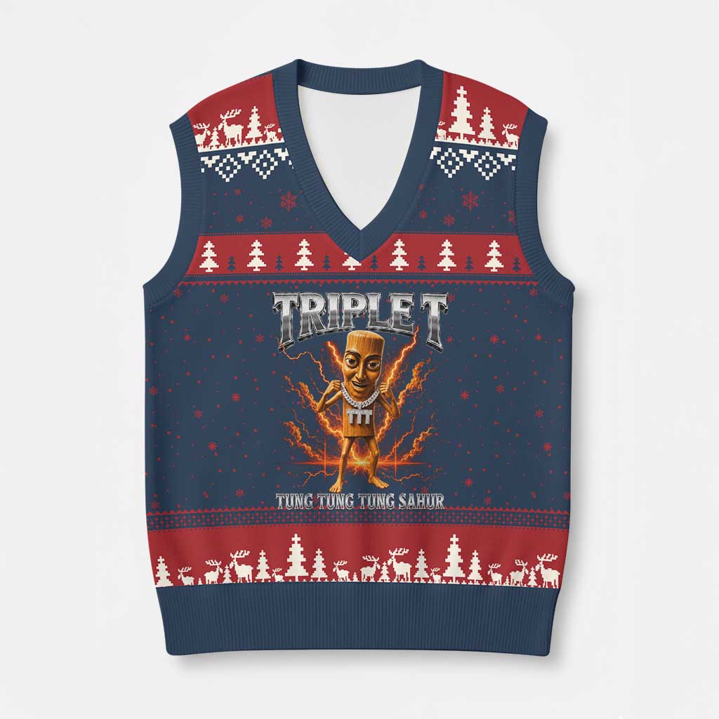 Triple T Tung Tung Tung Sahur Brainrot Meme V-Neck Knit Sweater Vest