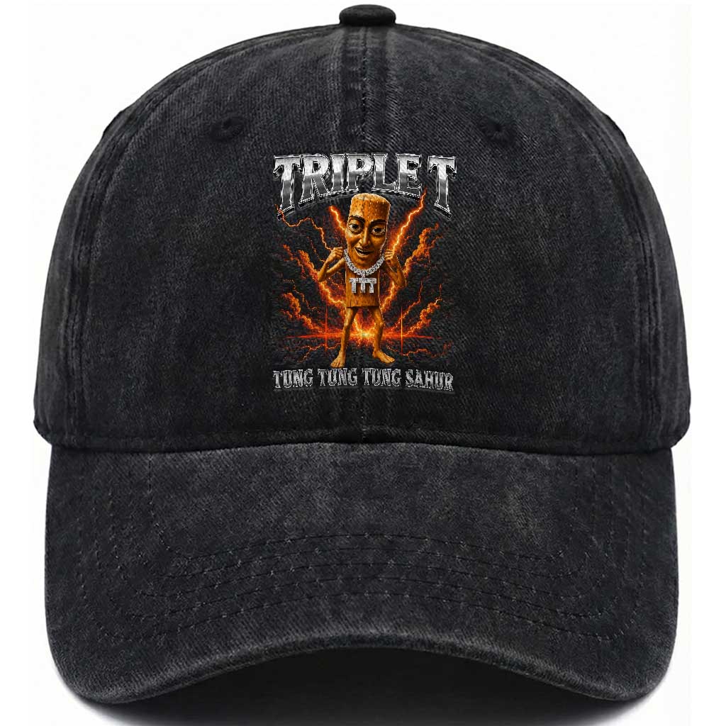 Triple T Tung Tung Tung Sahur Brainrot Meme Washed Cotton Baseball Cap