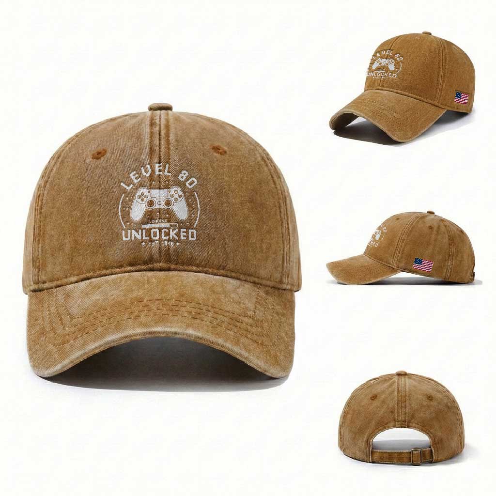 Level 80 Unlocked Video Gamer 80th Birthday Gift Washed Cotton Baseball Cap Vintage 1946 80 Year Old Gift