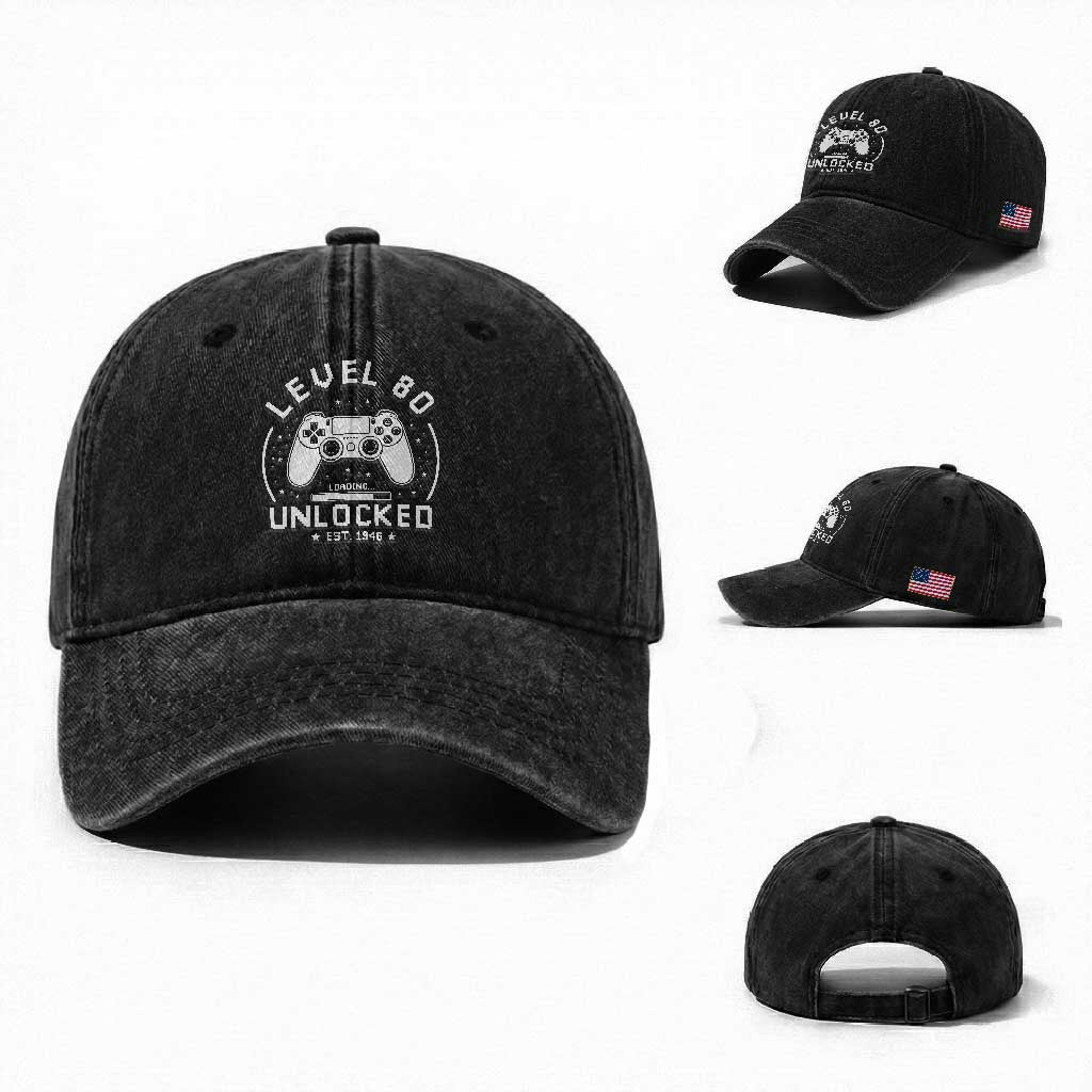 Level 80 Unlocked Video Gamer 80th Birthday Gift Washed Cotton Baseball Cap Vintage 1946 80 Year Old Gift