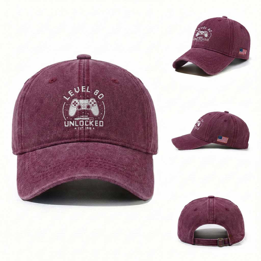 Level 80 Unlocked Video Gamer 80th Birthday Gift Washed Cotton Baseball Cap Vintage 1946 80 Year Old Gift
