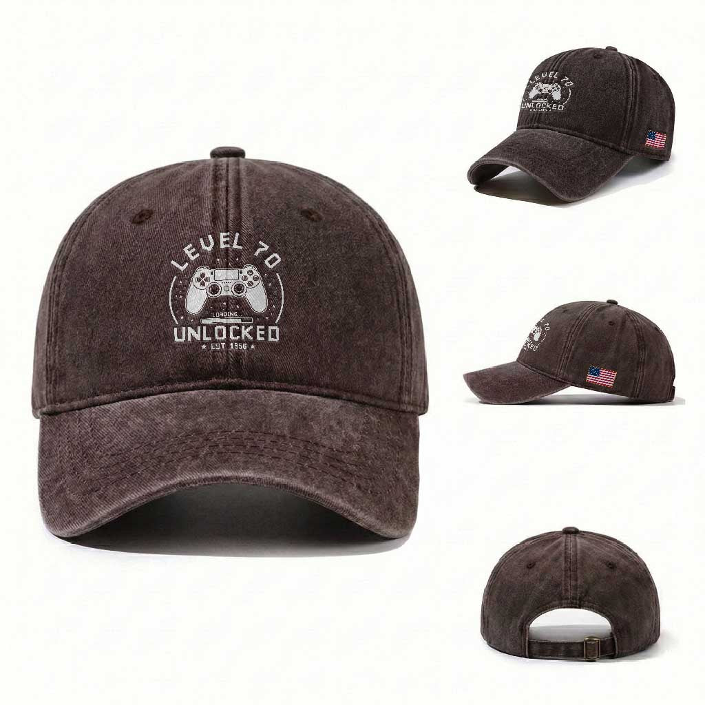 Level 70 Unlocked Video Gamer 70th Birthday Gift Washed Cotton Baseball Cap Vintage 1956 70 Year Old Gift