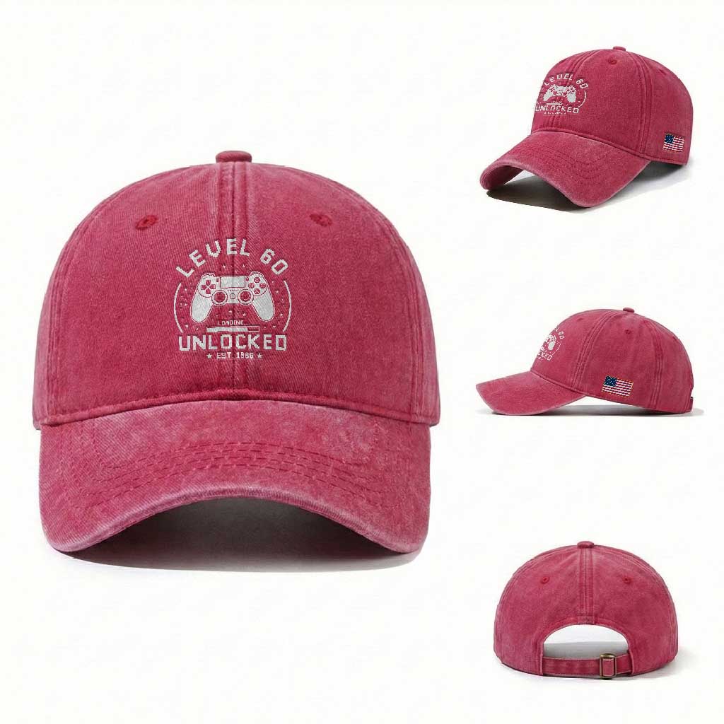 Level 60 Unlocked Video Gamer 60th Birthday Gift Washed Cotton Baseball Cap Vintage 1966 60 Year Old Gift
