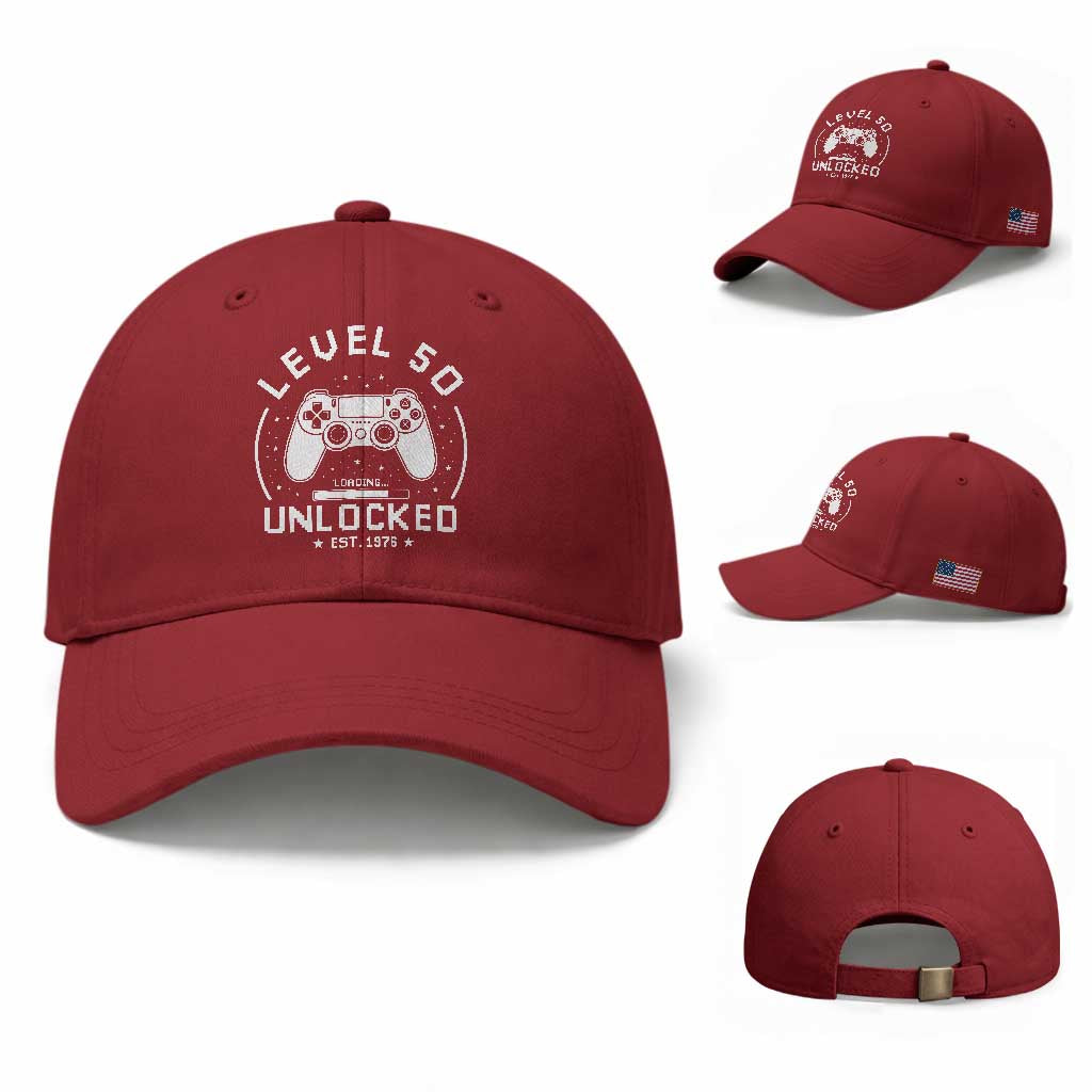 Level 50 Unlocked Video Gamer 50th Birthday Gift Baseball Cap Vintage 1976 50 Year Old Gift