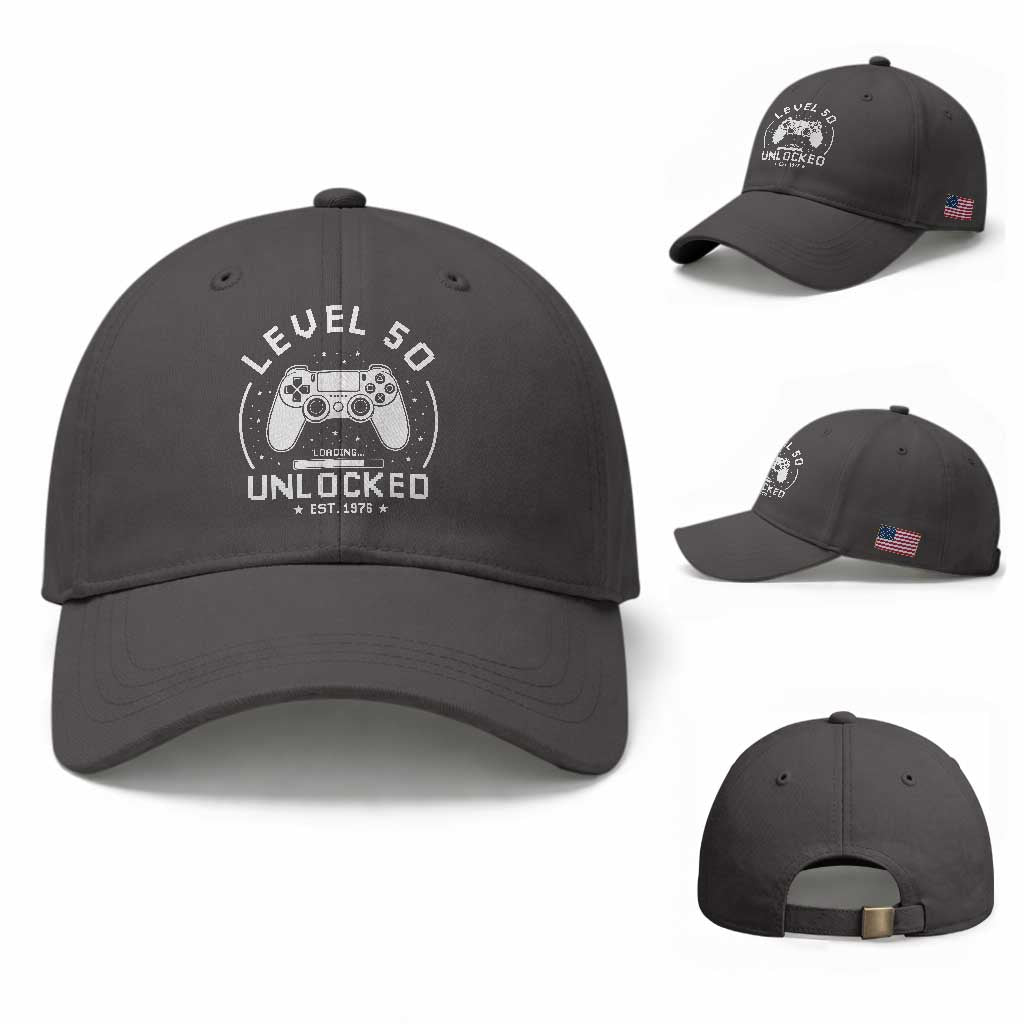 Level 50 Unlocked Video Gamer 50th Birthday Gift Baseball Cap Vintage 1976 50 Year Old Gift