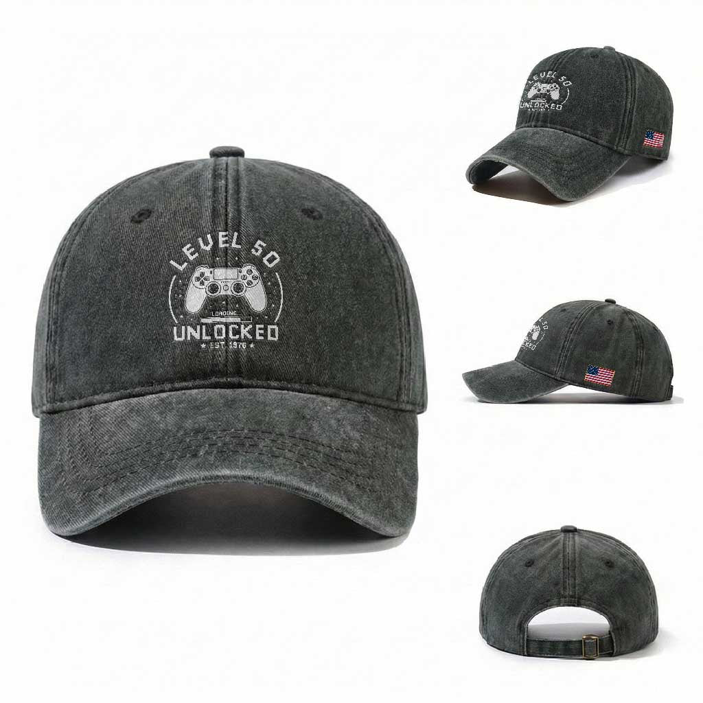 Level 50 Unlocked Video Gamer 50th Birthday Gift Washed Cotton Baseball Cap Vintage 1976 50 Year Old Gift