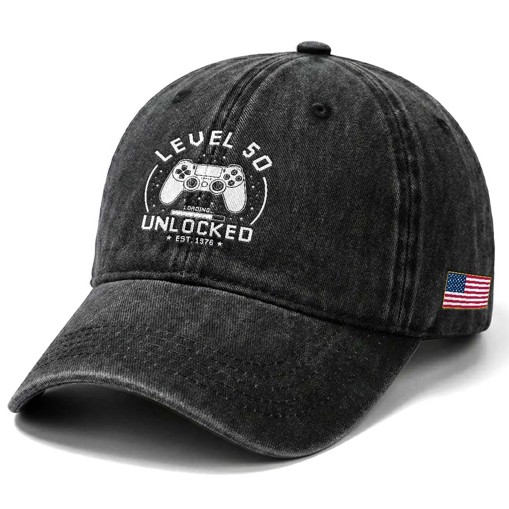 Level 50 Unlocked Video Gamer 50th Birthday Gift Washed Cotton Baseball Cap Vintage 1976 50 Year Old Gift