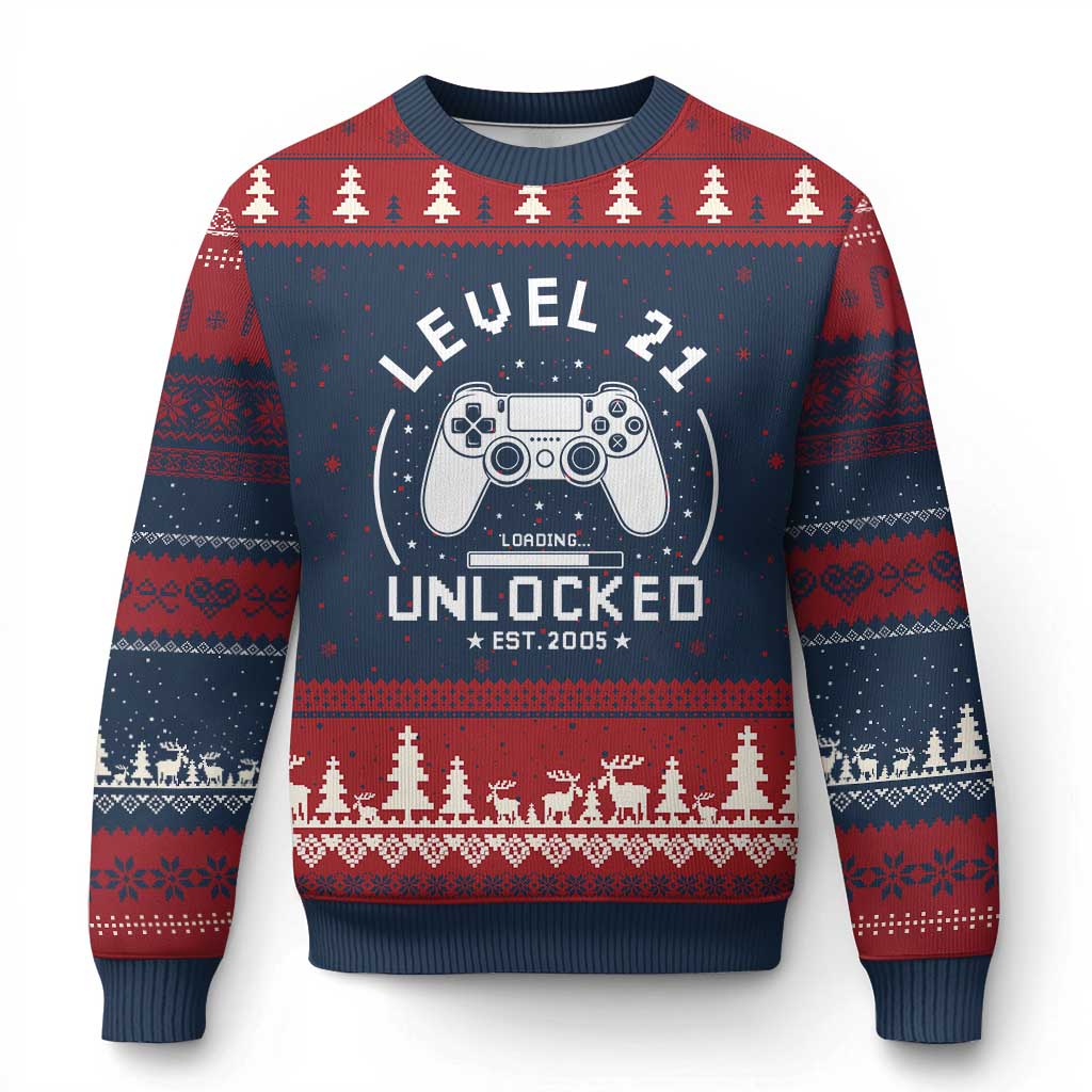 Level 21 Unlocked Video Gamer 21st  Birthday Gift Ugly Christmas Sweater Vintage 2005 21 Year Old Gift
