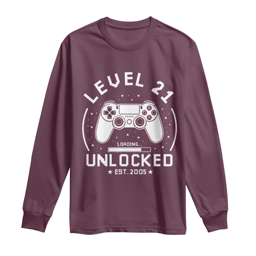 Level 21 Unlocked Video Gamer 21st  Birthday Gift Long Sleeve Shirt Vintage 2005 21 Year Old Gift