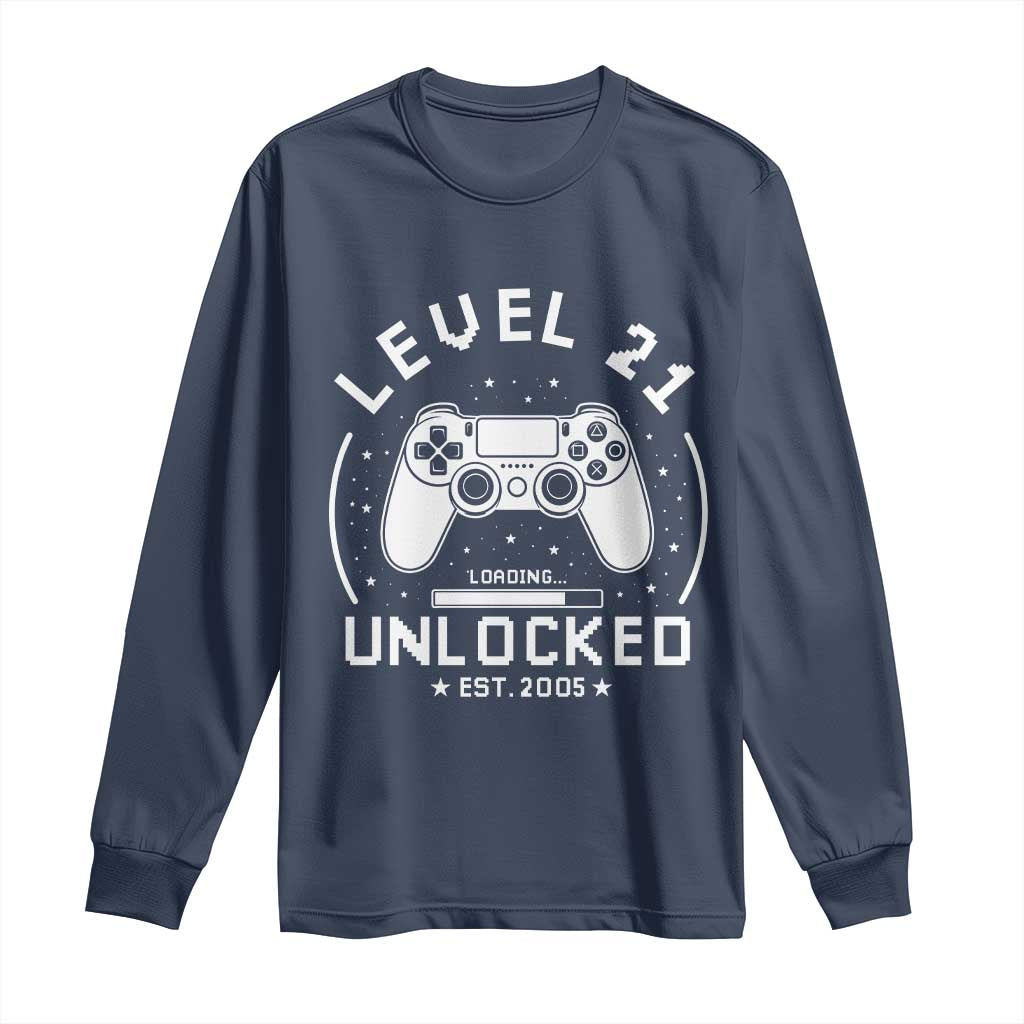 Level 21 Unlocked Video Gamer 21st  Birthday Gift Long Sleeve Shirt Vintage 2005 21 Year Old Gift