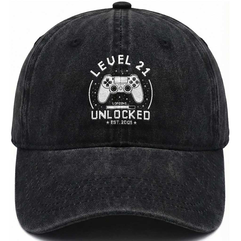 Level 21 Unlocked Video Gamer 21st  Birthday Gift Washed Cotton Baseball Cap Vintage 2005 21 Year Old Gift