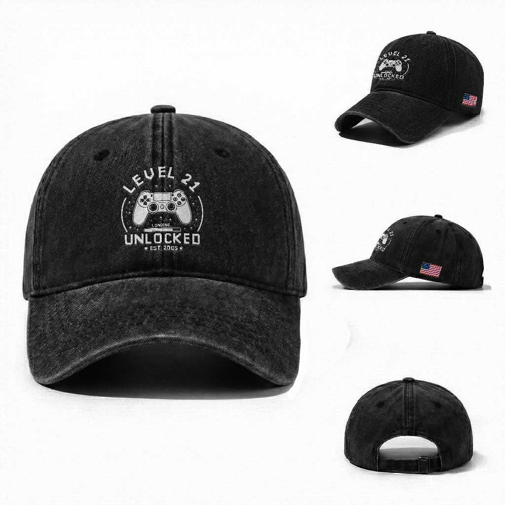 Level 21 Unlocked Video Gamer 21st  Birthday Gift Washed Cotton Baseball Cap Vintage 2005 21 Year Old Gift