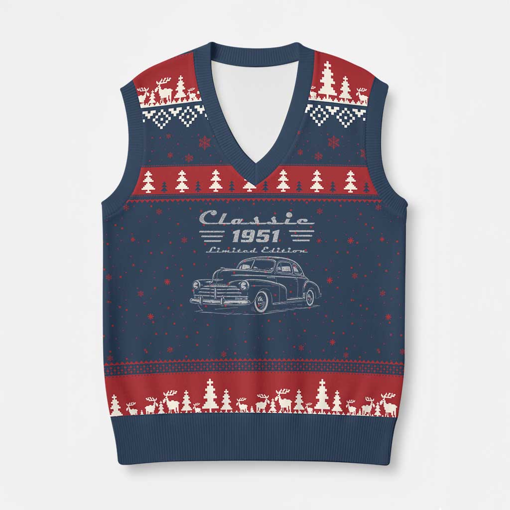 75th Birthday V-Neck Knit Sweater Vest Vintage Retro Car Classic 1951 75 Year Old Gift