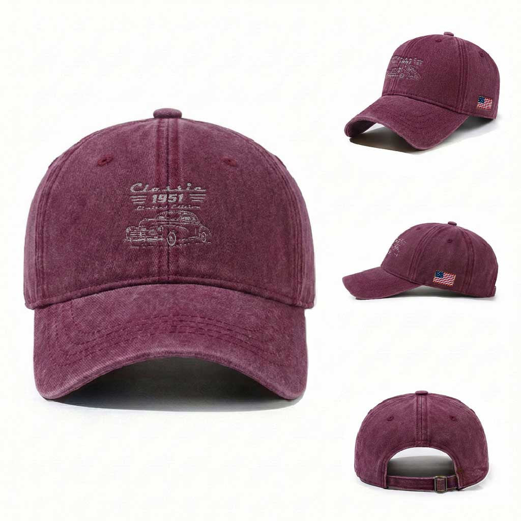 75th Birthday Washed Cotton Baseball Cap Vintage Retro Car Classic 1951 75 Year Old Gift