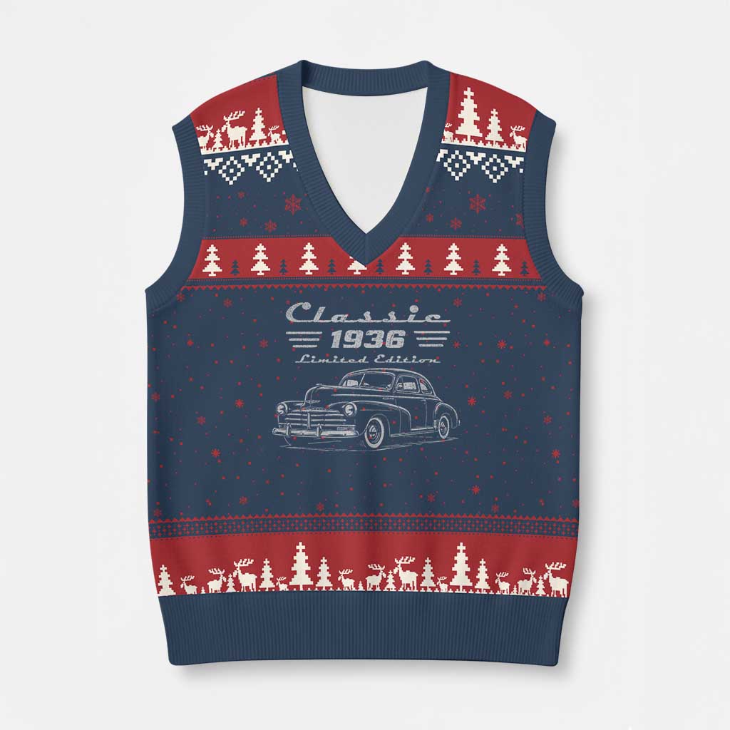 90th Birthday V-Neck Knit Sweater Vest Vintage Retro Car Classic 1936 90 Year Old Gift