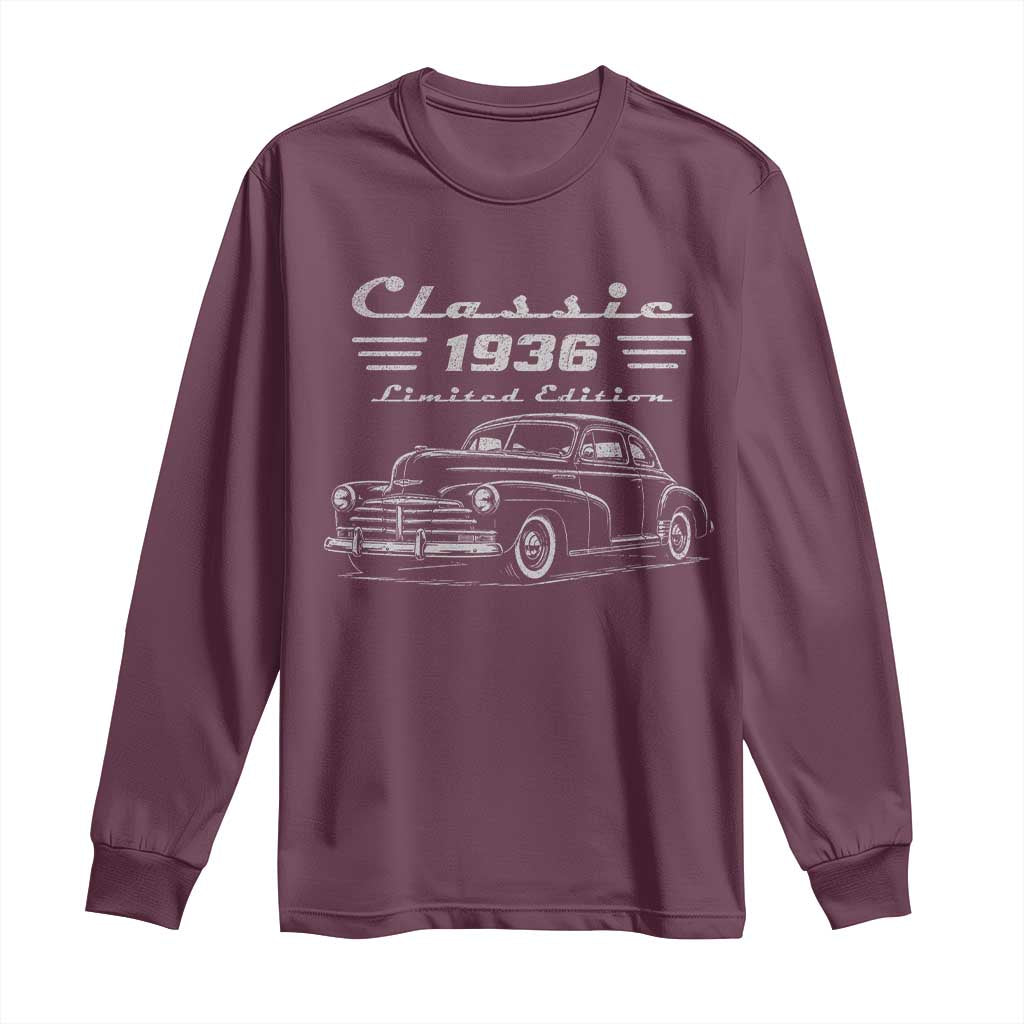 90th Birthday Long Sleeve Shirt Vintage Retro Car Classic 1936 90 Year Old Gift