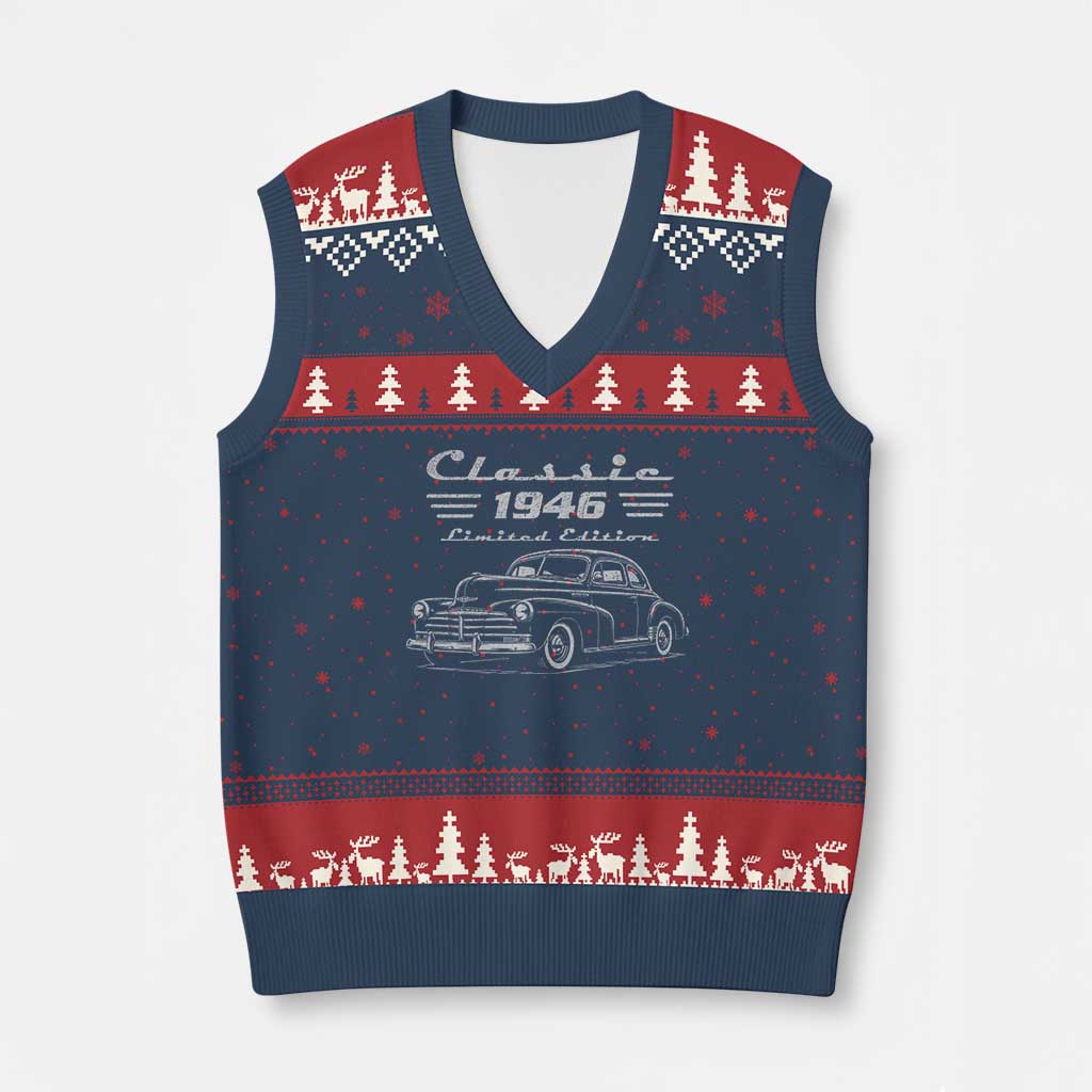 80th Birthday V-Neck Knit Sweater Vest Vintage Retro Car Classic 1946 80 Year Old Gift