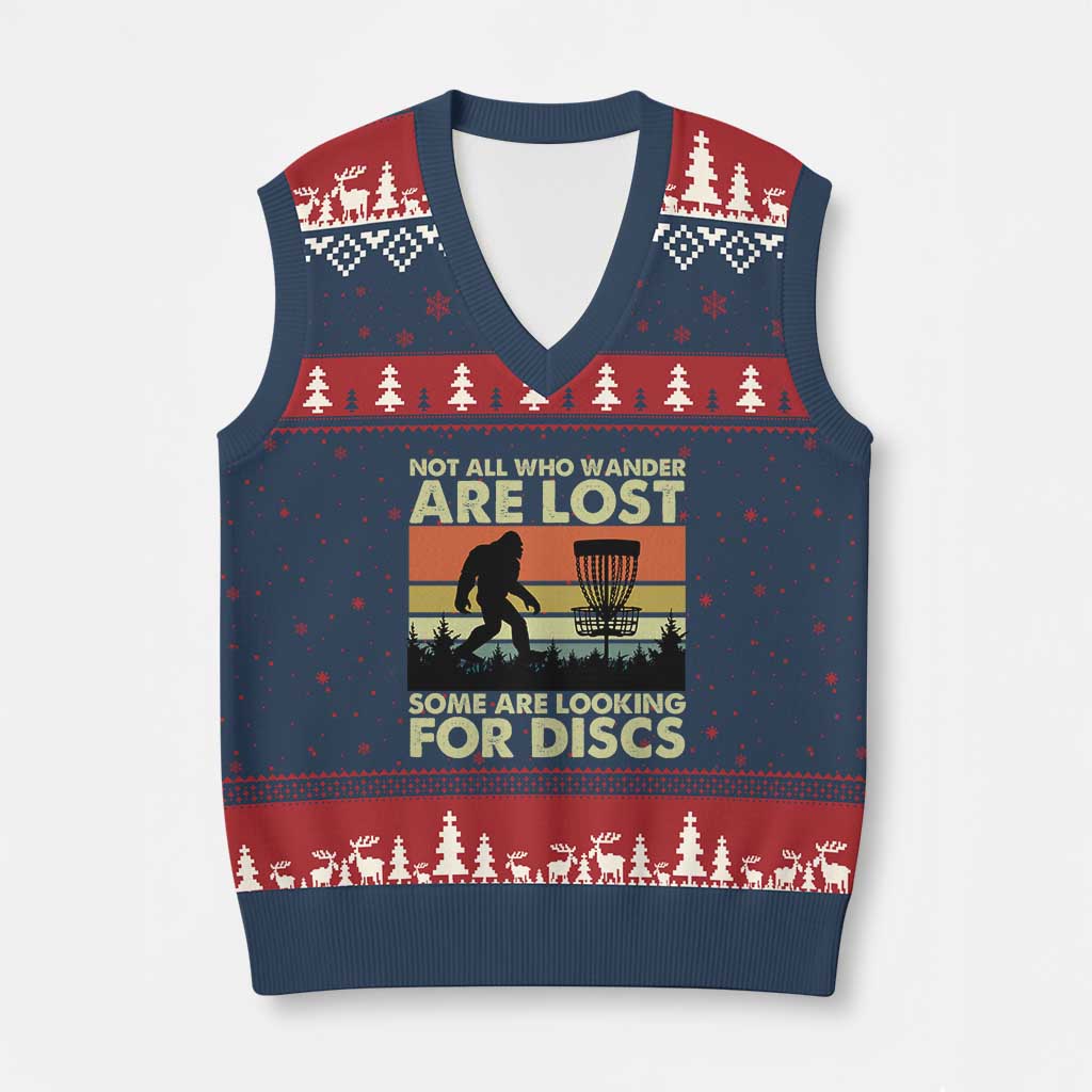 Funny Disc Golf Bigfoot V-Neck Knit Sweater Vest Vintage Sasquatch Sports Golfer Dad Frisbee - Wonder Print Shop