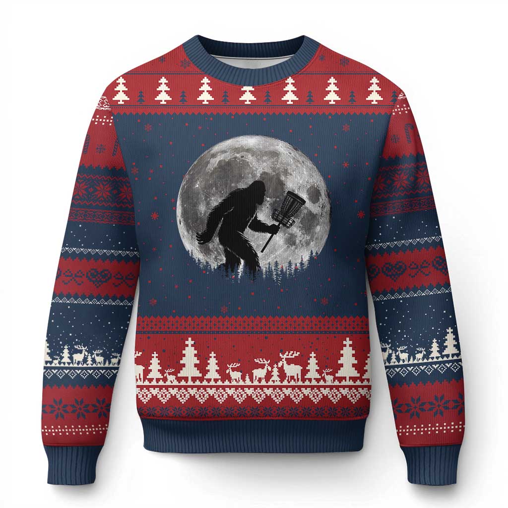 Disc Golf Bigfoot Ugly Christmas Sweater Funny Cool Full Moon & Trees Sasquatch - Wonder Print Shop