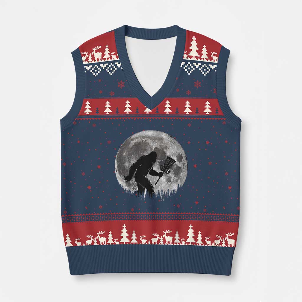 Disc Golf Bigfoot V-Neck Knit Sweater Vest Funny Cool Full Moon & Trees Sasquatch - Wonder Print Shop