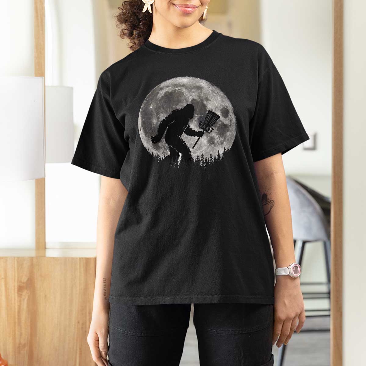 Disc Golf Bigfoot T Shirt For Women Funny Cool Full Moon & Trees Sasquatch - Wonder Print Shop