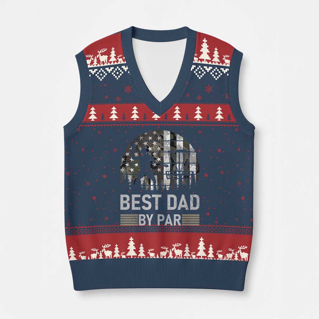 Disc Golf Best Dad By Par V-Neck Knit Sweater Vest Funny Sports Golfer Frisbee Camo American Flag - Wonder Print Shop
