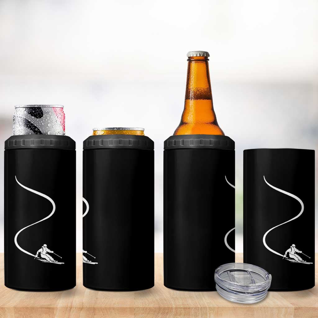 Skiing 4 in 1 Can Cooler Tumbler Skier With Tracks In Deep Powder Snow Freeride Gift