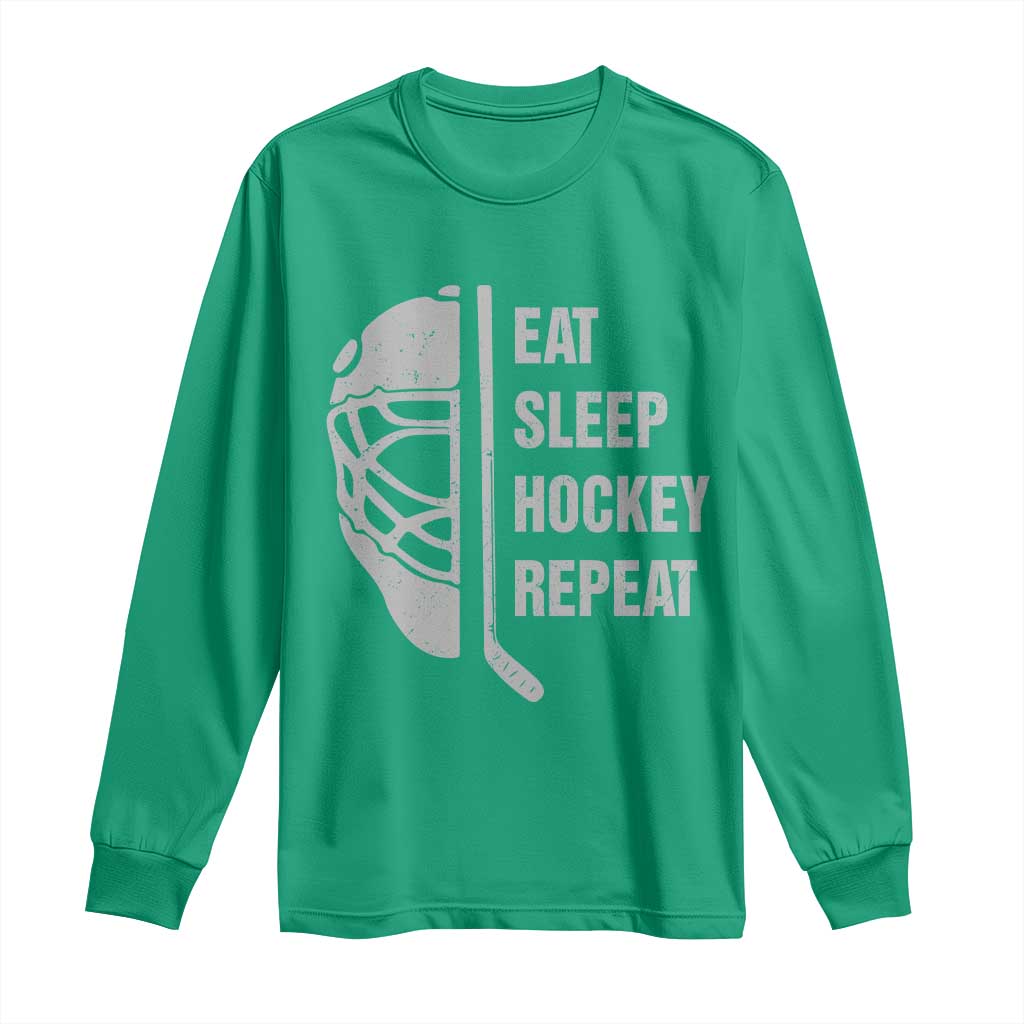 Ice Hockey Player Long Sleeve Shirt Funny Eat Sleep Hockey Repeat Sport Fan - Wonder Print Shop