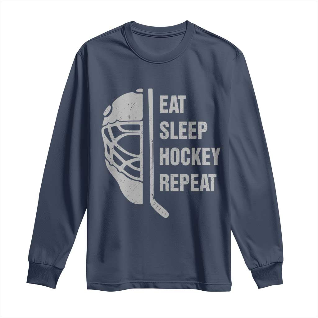 Ice Hockey Player Long Sleeve Shirt Funny Eat Sleep Hockey Repeat Sport Fan - Wonder Print Shop