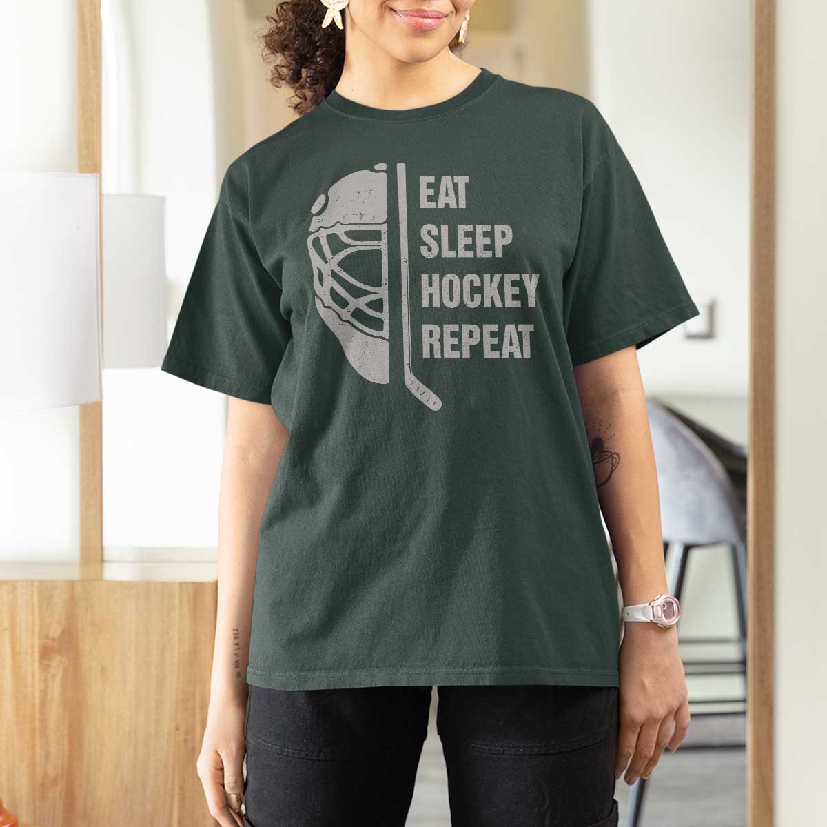 Ice Hockey Player T Shirt For Women Funny Eat Sleep Hockey Repeat Sport Fan - Wonder Print Shop