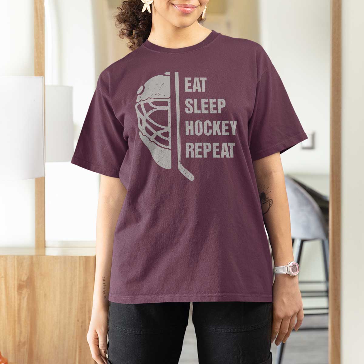 Ice Hockey Player T Shirt For Women Funny Eat Sleep Hockey Repeat Sport Fan - Wonder Print Shop