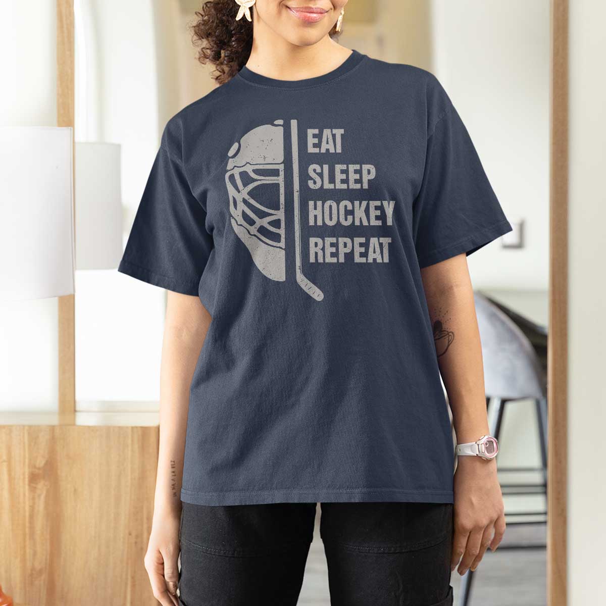 Ice Hockey Player T Shirt For Women Funny Eat Sleep Hockey Repeat Sport Fan - Wonder Print Shop