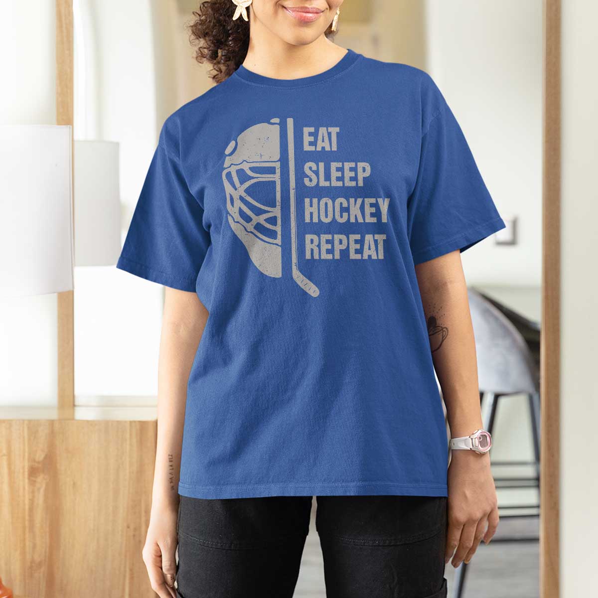 Ice Hockey Player T Shirt For Women Funny Eat Sleep Hockey Repeat Sport Fan - Wonder Print Shop