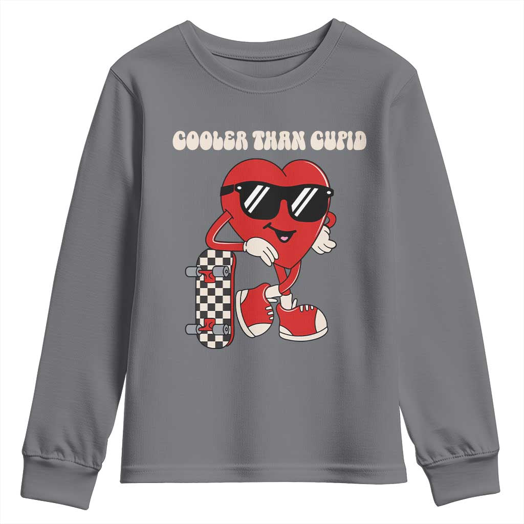 Funny Heart Valentine Day Youth Sweatshirt Cooler Than Cupid Skateboard Kids Toddler Boy Valentine