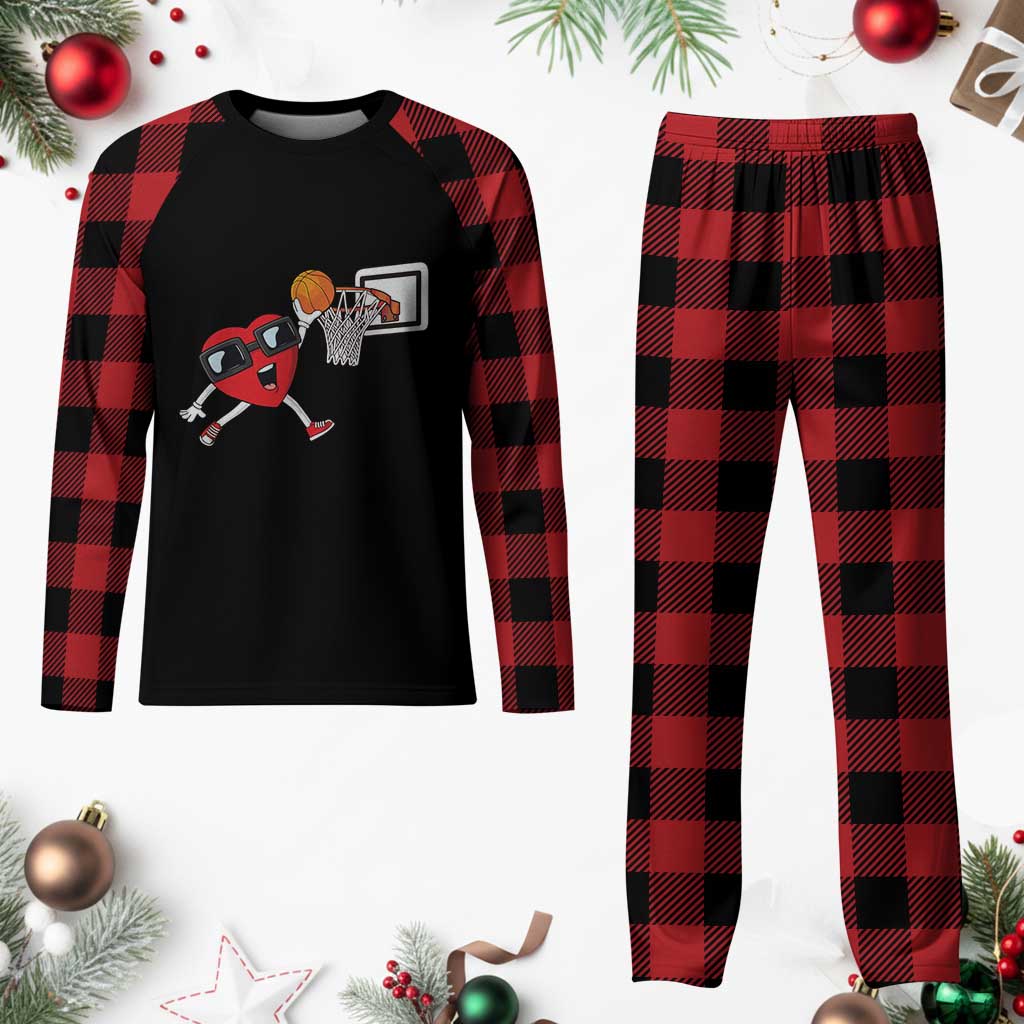 Basketball Valentines Plaid Pajama Set Cute Red Heart Playing Basketball Player Team Boys - Wonder Print Shop
