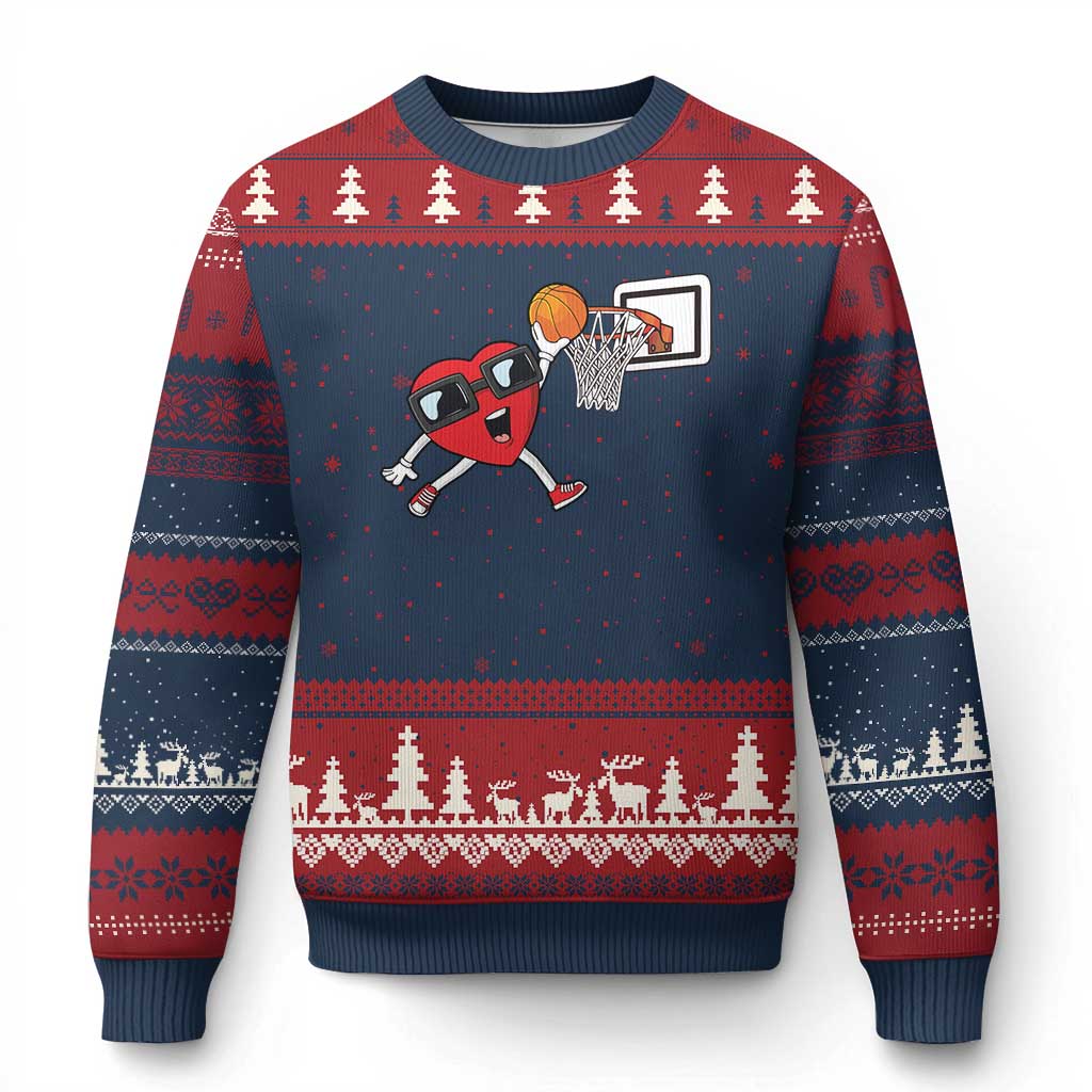 Basketball Valentines Ugly Christmas Sweater Cute Red Heart Playing Basketball Player Team Boys - Wonder Print Shop